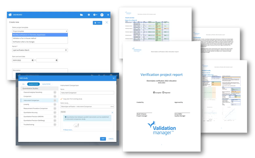 Validation Manager project template library with pre-defined studies, goals, and standardized report layouts
