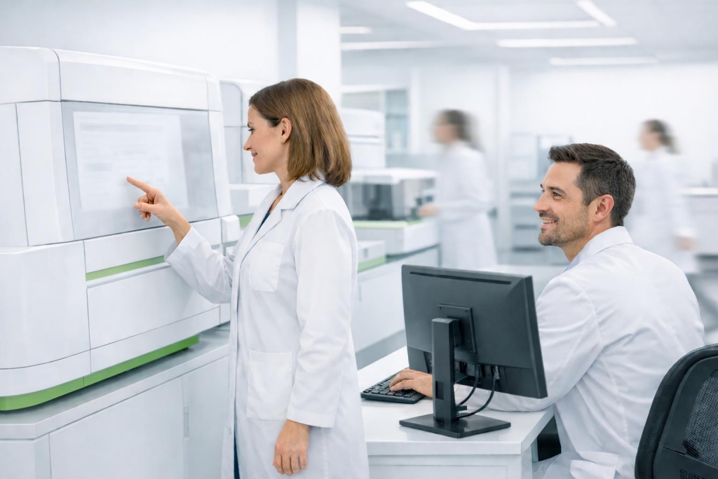 Laboratory professionals operating advanced diagnostic instruments in a modern clinical laboratory
