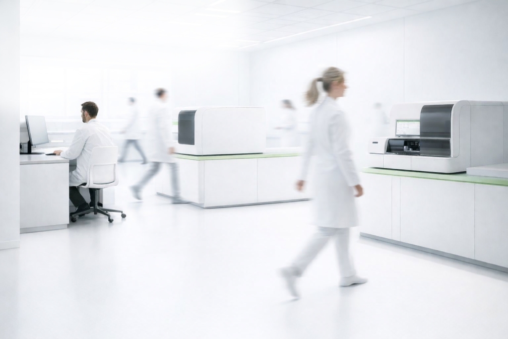 Modern clinical laboratory with staff working and automated analyzers on workstations.