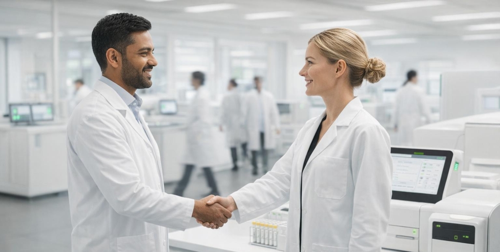 Two laboratory professionals shaking hands in a modern clinical lab, symbolizing collaboration and harmonized practices.