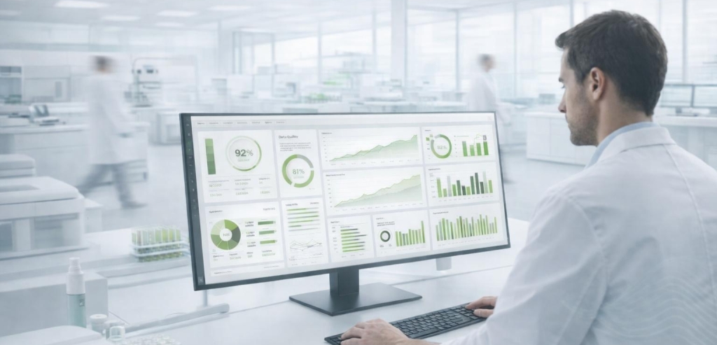 Laboratory professional analyzing detailed data dashboards on a large monitor in a modern clinical lab.