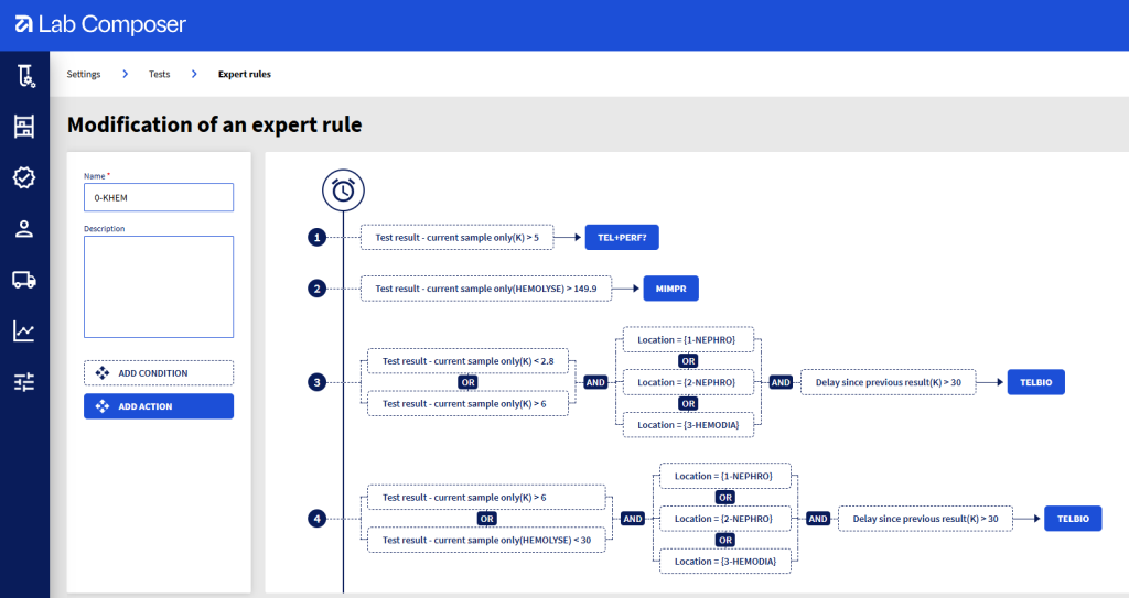 Lab Composer expert rule engine configuration interface showing automated decision rules, test mode options, and full traceability settings