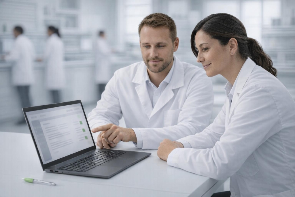 Two laboratory professionals reviewing digital documentation together on a laptop in a modern clinical lab.