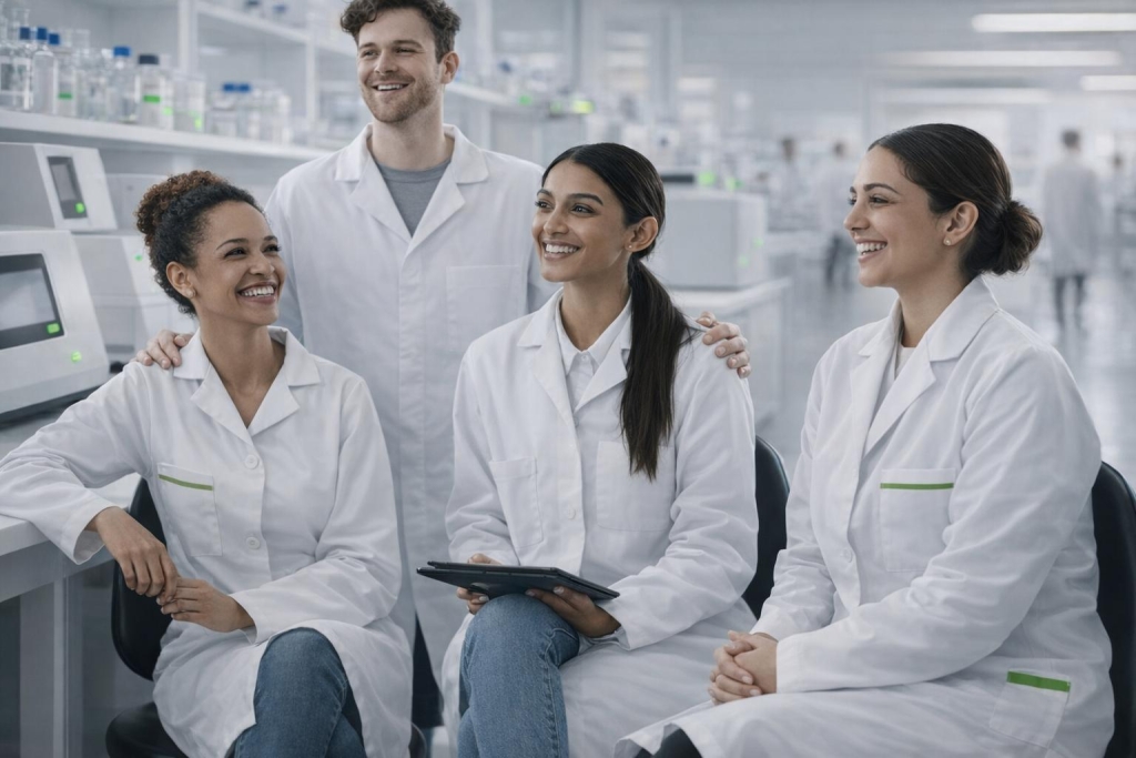 Group of laboratory professionals collaborating in a modern clinical lab environment, reviewing data on a digital tablet.