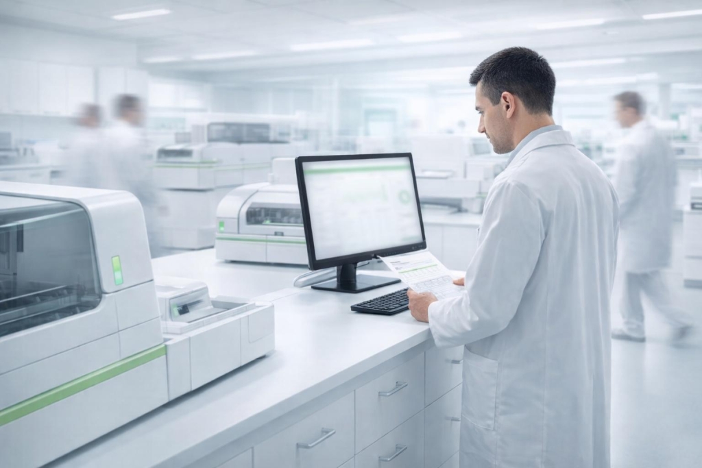 Laboratory technician reviewing test data on a computer beside advanced diagnostic analyzers in a modern clinical lab.