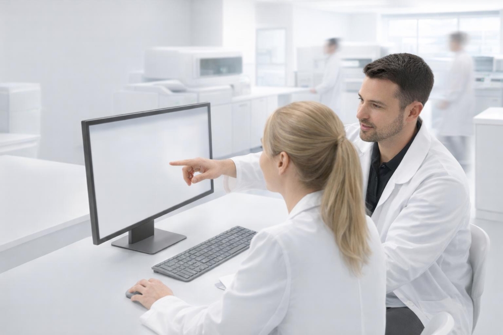 Laboratory professionals collaborating at a computer workstation during a training or implementation session in a modern clinical lab.