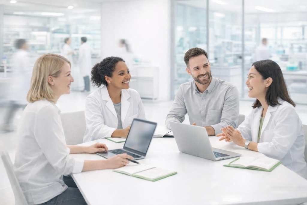 Team of laboratory professionals collaborating around a table with laptops and notebooks in a modern clinical lab.