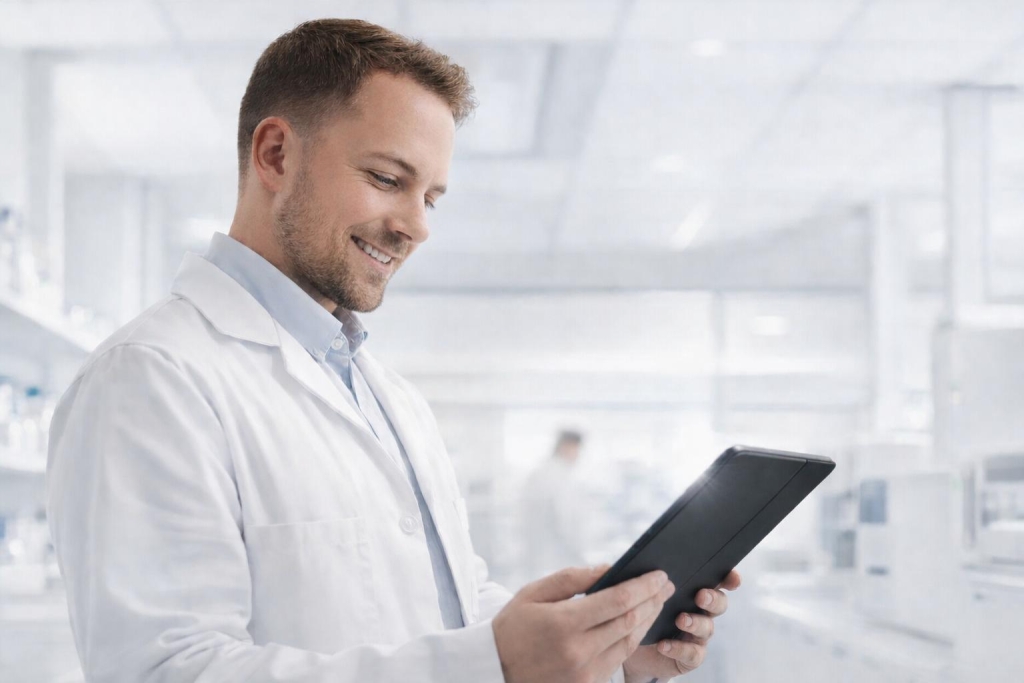 Laboratory professional reviewing data on a digital tablet inside a modern clinical lab.